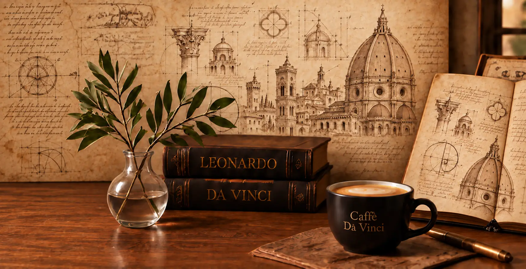 Caffè Da Vinci coffee beside Leonardo books, olive branches and a notebook with Renaissance architectural sketches.